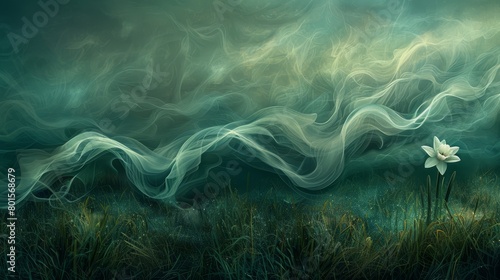  A painting of a solitary flower emitting smoke from its peak in a verdant field