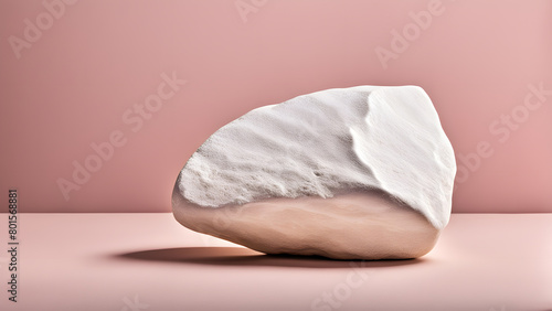 A white rock sits on a pink surface