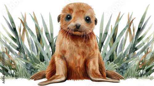   Watercolor portrait of a sea lion in front of seaweed  facing camera