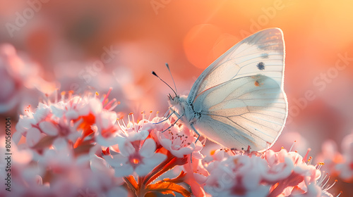 butterfly at sunset, macro. flower on a meadow in the summer in the rays of the golden sun. Romantic gentle artistic image of living wildlife © suriya