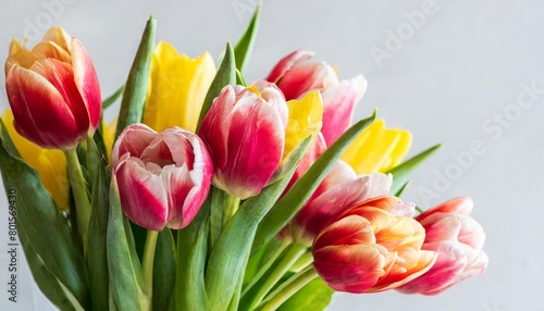 vibrant spring tulip bouquet in pink red and yellow with eco friendly packaging on white background