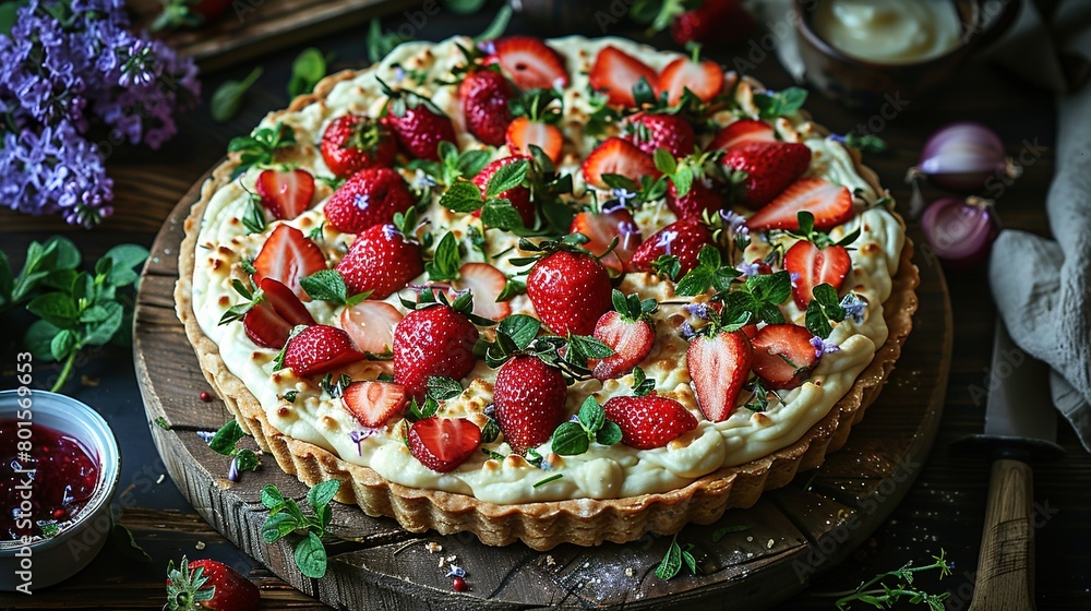   A strawberry pie on a cutting board with a knife and a bowl of flowers