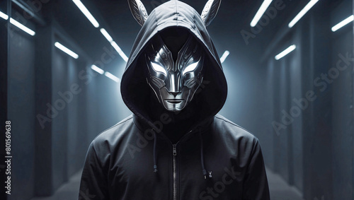 Mysterious enigmatic figure wearing a metallic rabbit mask with eerie glowing eyes on a dark background photo