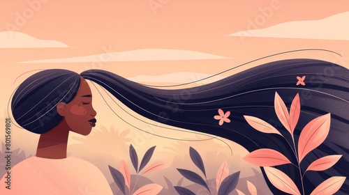   A woman with long black hair stands amidst a pink-flowered field, a butterfly perched atop her tresses photo