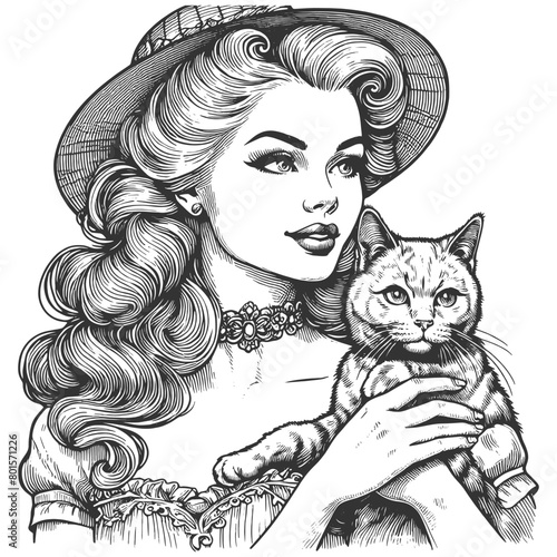 elegant retro lady with cat, capturing a moment of serene companionship sketch engraving generative ai fictional character vector illustration. Scratch board imitation. Black and white image.