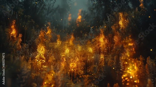   A hazy image of a forest ablaze with numerous yellow flames and water specks covering its surface photo