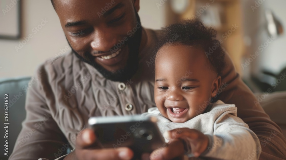 A man is holding a baby in his arms while looking at a cell phone screen with a focused expression. A man is holding a baby in his arms while looking at a cell phone screen with a focused expression.