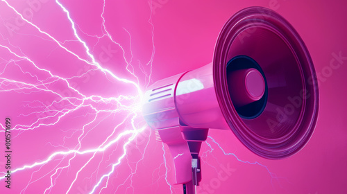 Pink loudspeaker, striking with electric bolts for attention grabbing ads