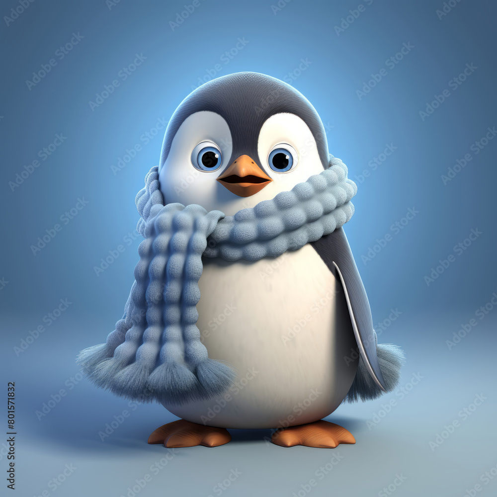 Cute cartoon penguin with a blue scarf on light blue background. Christmas illustration in 3D style. Winter landscape. Cute cartoon penguin with a blue scarf on light blue background. Christmas illustration in 3D style. Winter landscape.