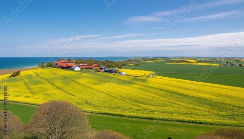 green and yellow farm fields with canola rapeseed in skane sweden during spring photo