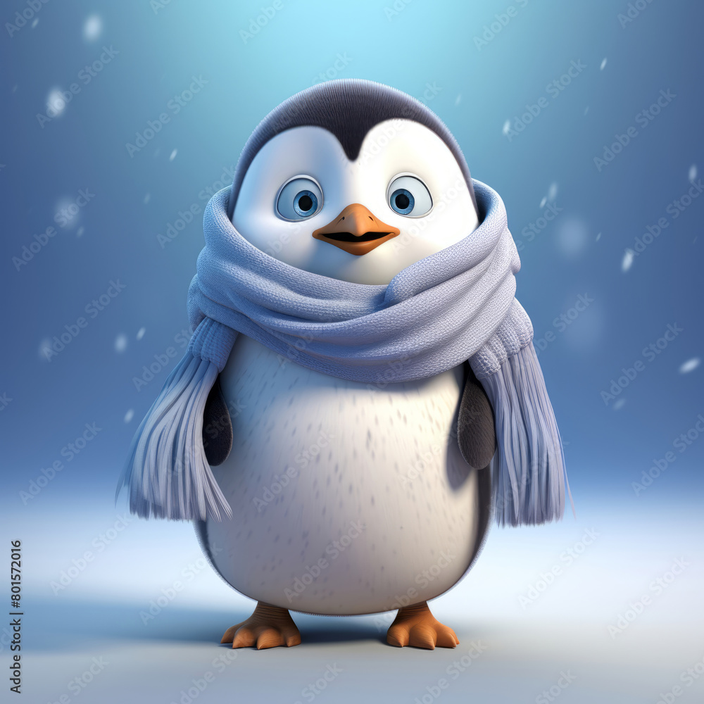 Fototapeta premium Cute cartoon penguin with a blue scarf on light blue background. Christmas illustration in 3D style. Winter landscape. 