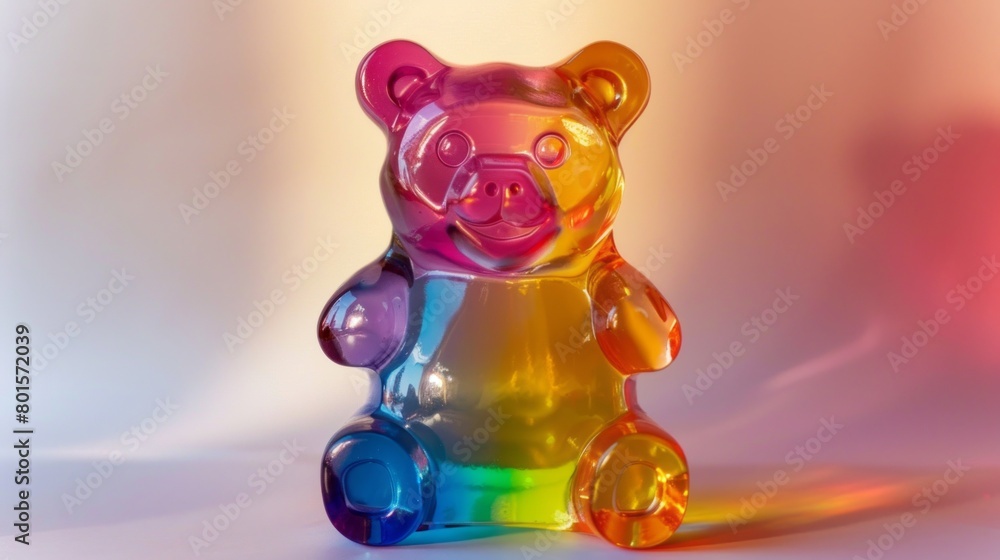 Colorful, translucent gummy bear figurine showcasing a radiant spectrum of hues.