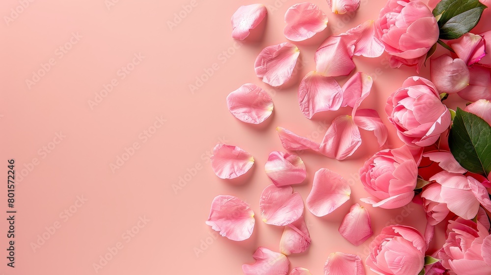 Obraz premium A group of pink flowers lying on a pink surface, with a green leaf atop their petals