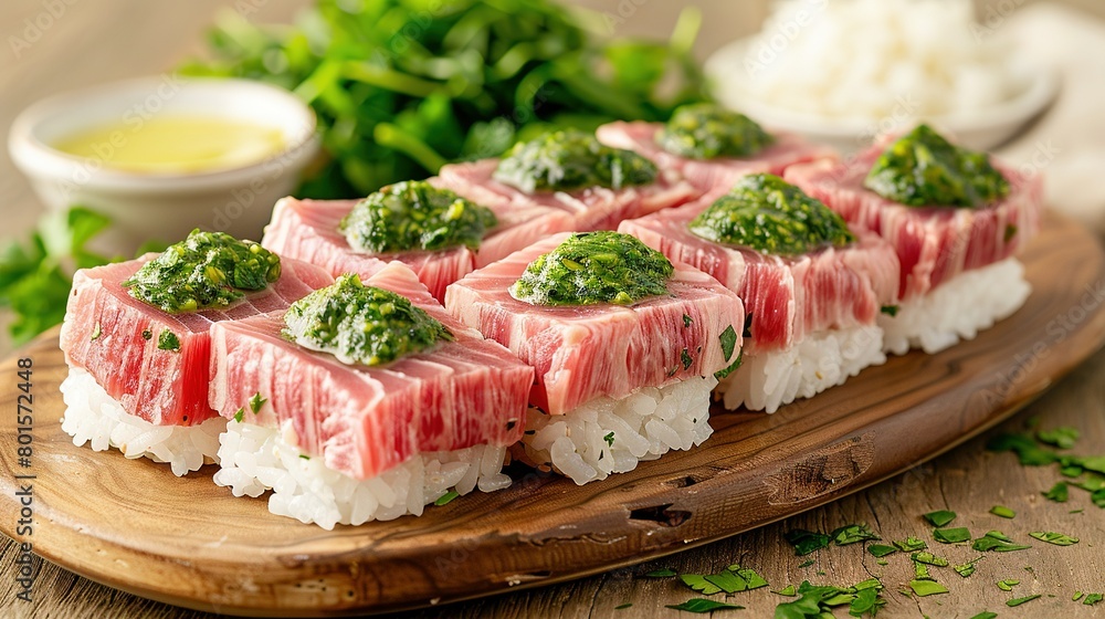 Wooden sushi platter with sauce and green garnish Wooden sushi platter with sauce and green garnish