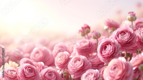  A field s center blooms with numerous pink roses as the sun filters through cloudy background