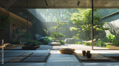 A serene meditation space with minimalist decor, a tatami mat, and a Zen garden view.