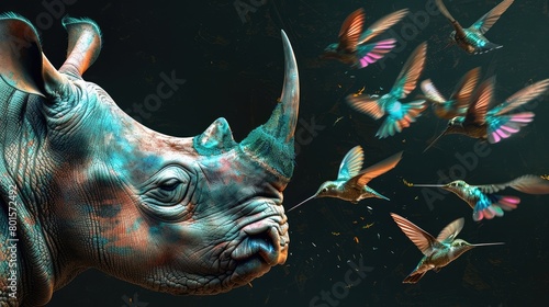 side view realistic photo of the head of an albino rhinoceros, a group of turquoise and gold and pink hummingbirds fly around his head