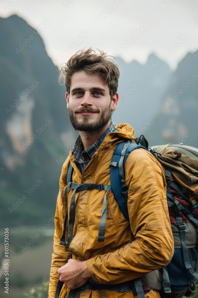 Portrait of a content traveler with a backpack Portrait of a content traveler with a backpack