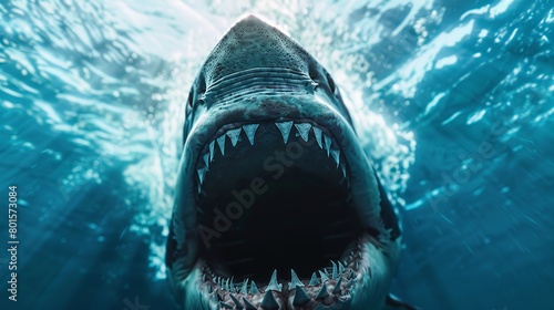 View of a shark from underneath, showing its open, menacing mouth filled with numerous teeth.






 photo