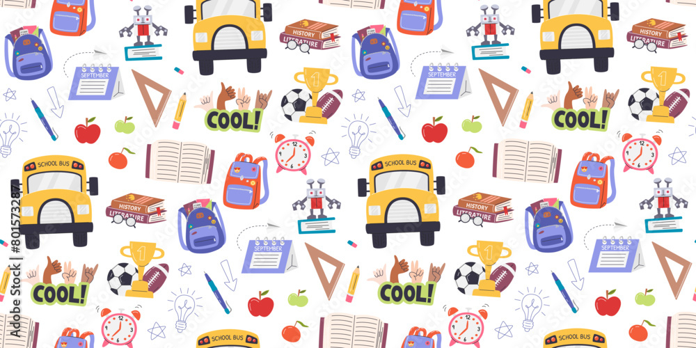 Back to school seasonal horizontal repeating wallpaper. Cute school elements seamless pattern isolated on white background. Wrapping paper print design. Education hand drawn flat vector illustration Back to school seasonal horizontal repeating wallpaper. Cute school elements seamless pattern isolated on white background. Wrapping paper print design. Education hand drawn flat vector illustration