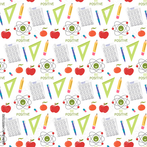 Back to school season drawing. Education seamless pattern isolated. Examen element print concept design. Supplies scrapbooking and wrapping paper. Physics subject hand drawn flat vector illustration