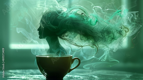 a tea spirit emerging from swirling steam above a cup of freshly brewed tea, embodies the essence of tranquility and rejuvenation