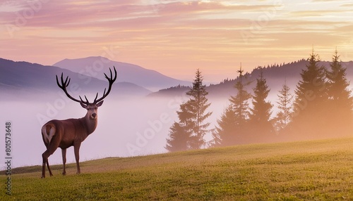 horizontal banner silhouette of deer standing on grass hill mountains and forest in the background magical misty landscape trees animal pink and violet illustration bookmark