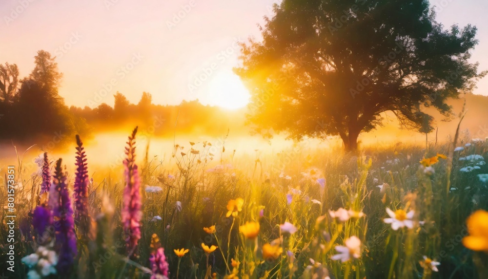 summer background summer nature early in the morning colorful mist in morning sunlight over meadow sun shines through tree on wild flowers
