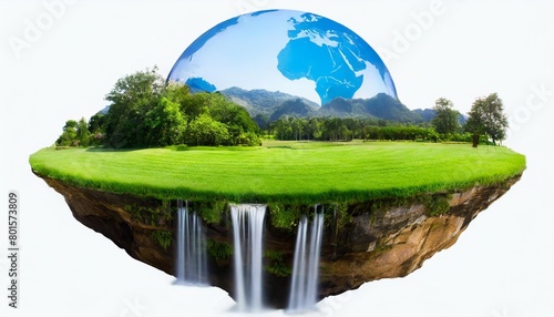 3d landscape with green grass surface waterfall and trees mountains earth globe isolated below the island