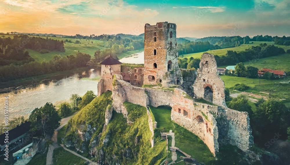 restored ruins of a medieval castle from the 14th century in muszyna over the poprad river