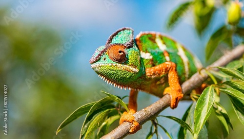 cute funny chameleon chamaeleo calyptratus on a branch photo