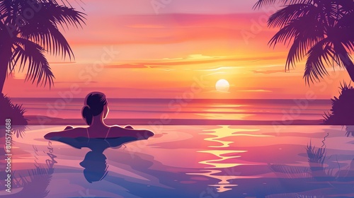 At sunset, a woman unwinds in the pool of a lavish beachfront hotel, savoring the ultimate beach getaway experience. © Azad