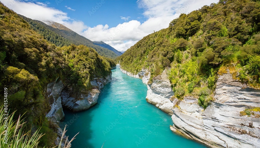 brilliant turquoise water caused by glacial flour flows through hokitika gorge surrounded by rocky limestone cliffs and lush vegetation on the south island of new zealand