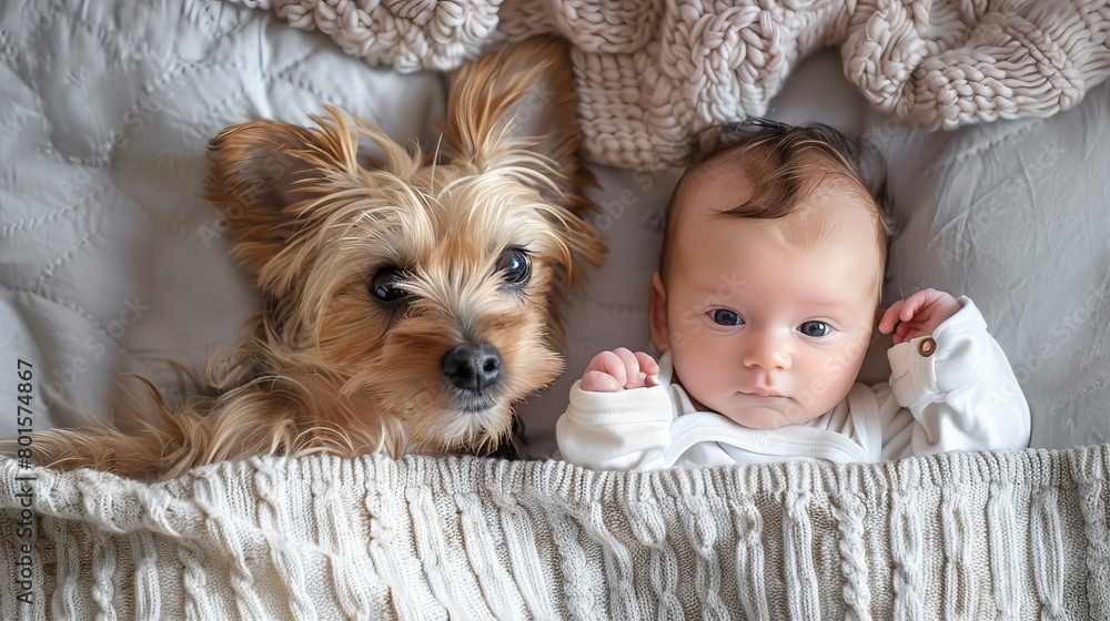 Small dog lying next to a baby under a blanket in bed, 16:9 Small dog lying next to a baby under a blanket in bed, 16:9