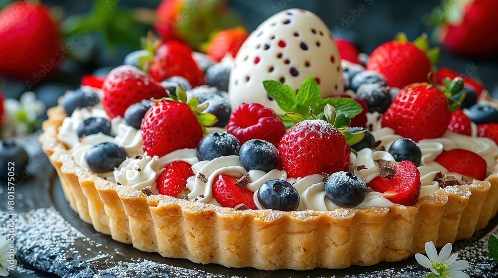 A Strawberry, Blueberry, Raspberry Tart Topped with an Egg A Strawberry, Blueberry, Raspberry Tart Topped with an Egg