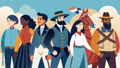 Riders in vintage clothing and historic costumes paying homage to the ancestors who fought for freedom.. Vector illustration