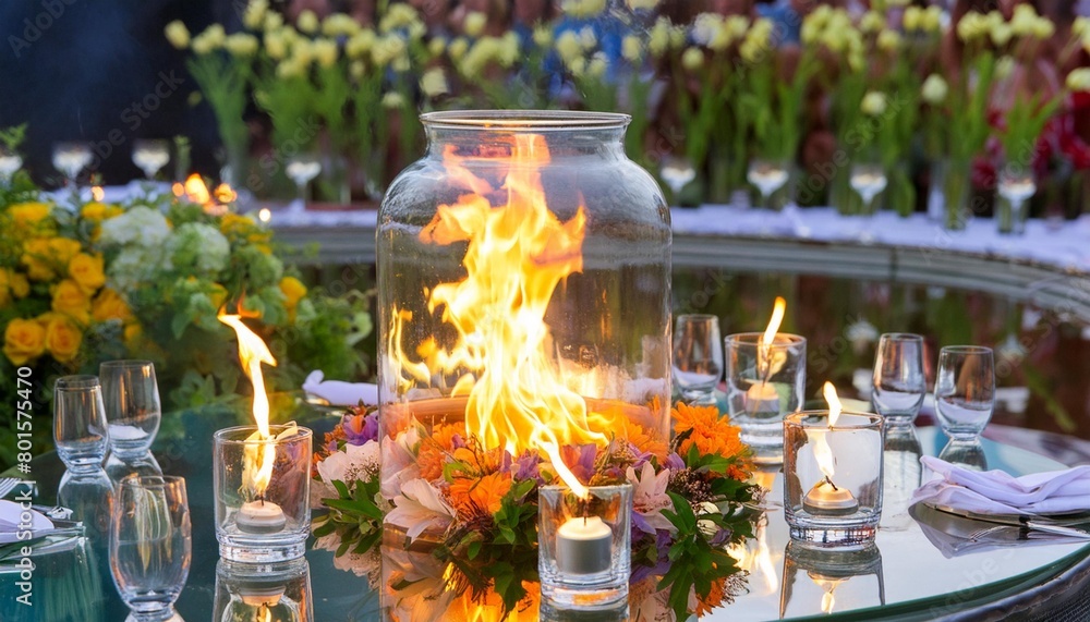 fire in water jar with flowers and candles