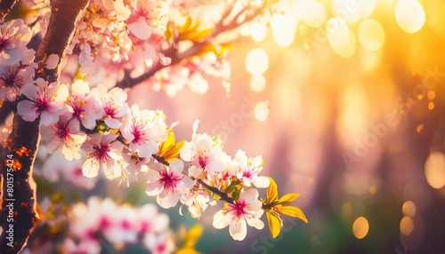 spring background pink with flower blossom and april floral nature in beautiful scene with blooming tree easter sunny day orchard abstract blurred background springtime