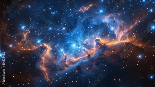 Starry night sky with bright stars and nebulae on a dark blue background