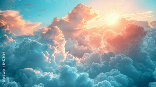 Stunning cloudy sky and sunshine background. Sunny day. Divine shining heaven and light. A beautiful heavenly background for religion concepts.