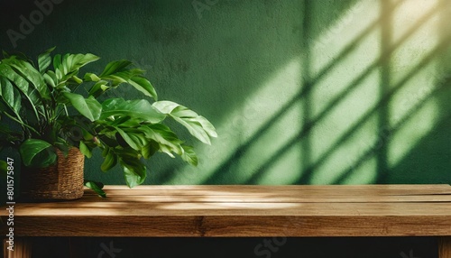 wood table green wall background with sunlight window create leaf shadow on wall with blur indoor green plant foreground panoramic banner mockup for display of product eco friendly interior concept