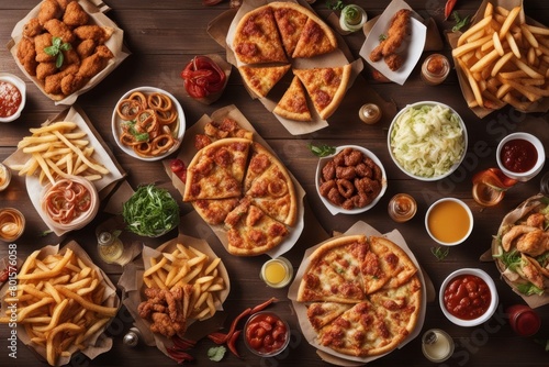 'large table assorted take out food such pizza french fries onion rings fried chicken wings pepperoni salad antipasto basket junk pizzeria assortment various feast top view slice dinner italian meal'
