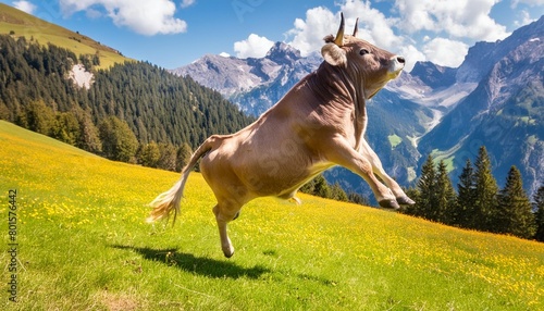 happy jumping cow in the meadow in alpine photo