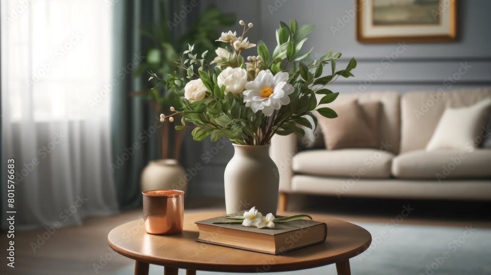 Modern living room exudes tranquility with a stylish vase of fresh flowers atop a wooden table, accompanied by a book and candle, invoking a serene ambiance Modern living room exudes tranquility with a stylish vase of fresh flowers atop a wooden table, accompanied by a book and candle, invoking a serene ambiance
