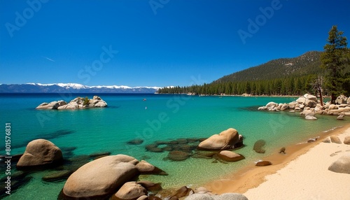 the sandy shores and rocky waters of sand harbor state park located on the nevada side of lake tahoe usa