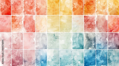A grid of watercolor swatches in various shades of red, orange, yellow, green, blue, and purple.