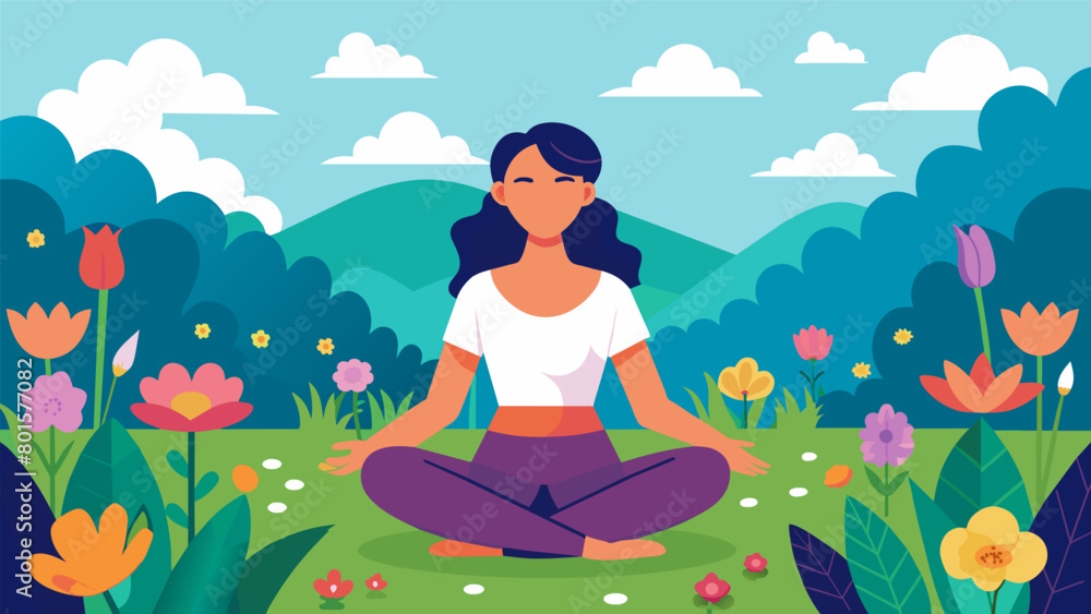 A serene image of a person sitting in a field of vibrant wildflowers their eyes closed in deep meditation finding liberation and tranquility in the. Vector illustration