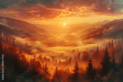 Sunrise over a foggy forest landscape, clouds have drifted down