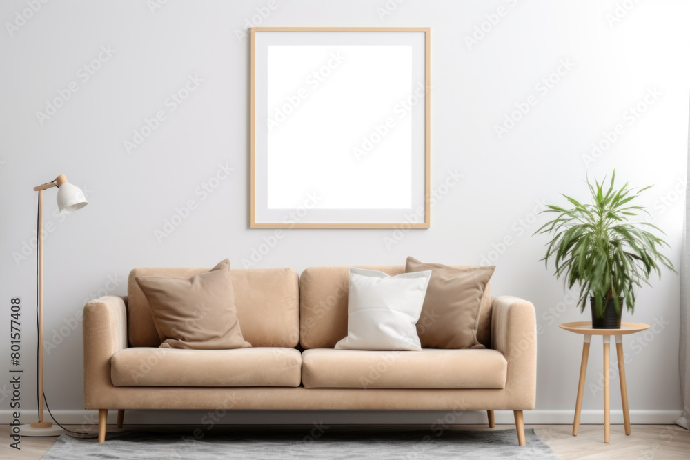 Poster mockup in modern scandinavian living room interior with sofa. Frame mock up, blank artwork template Poster mockup in modern scandinavian living room interior with sofa. Frame mock up, blank artwork template