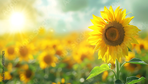 Sunflower in a sunlit field with a copy space banner background yellow flowers on a green meadow in a summer